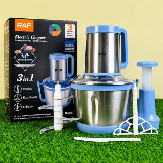 RAF R.8837 3-in-1 Electric Food Chopper – 3L Stainless Steel Bowl, 6-Blade System & Egg Beater