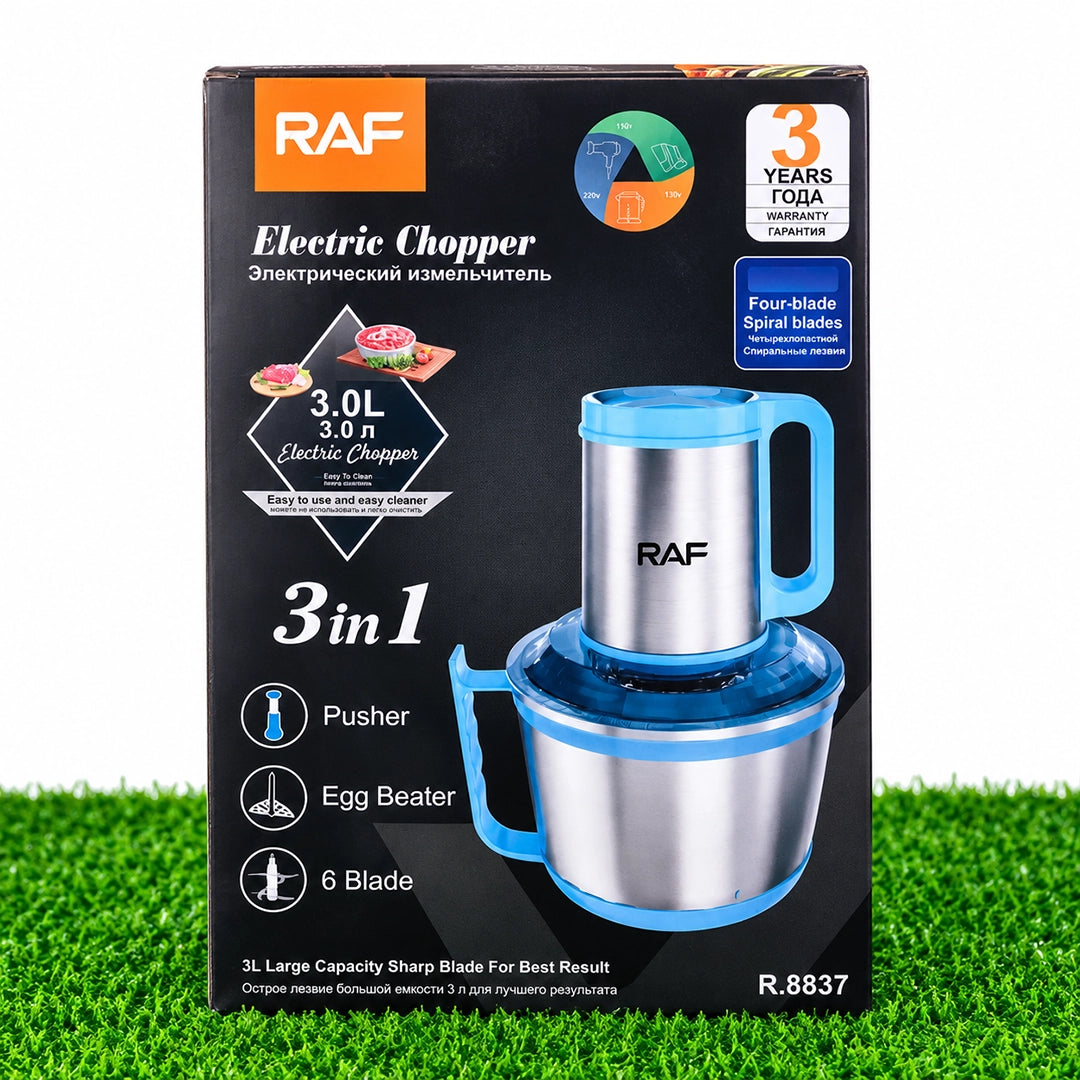RAF R.8837 3-in-1 Electric Food Chopper – 3L Stainless Steel Bowl, 6-Blade System & Egg Beater