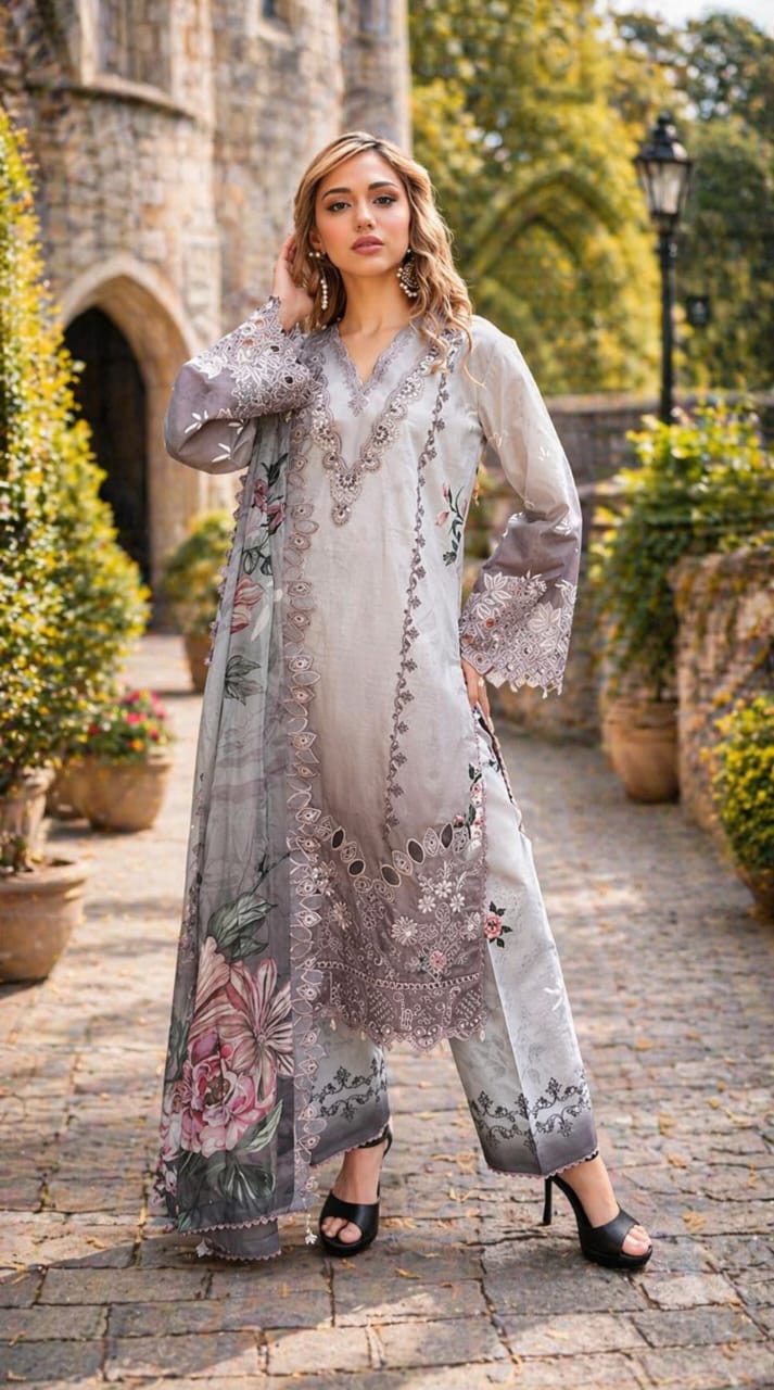 Luxury 3 Piece Unstitched Chikankari Lawn Dress for Women